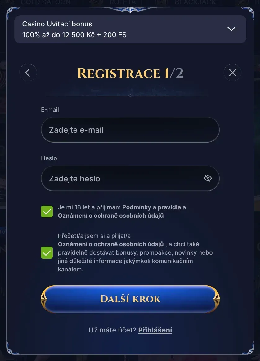 Registrace v Cazeus casino